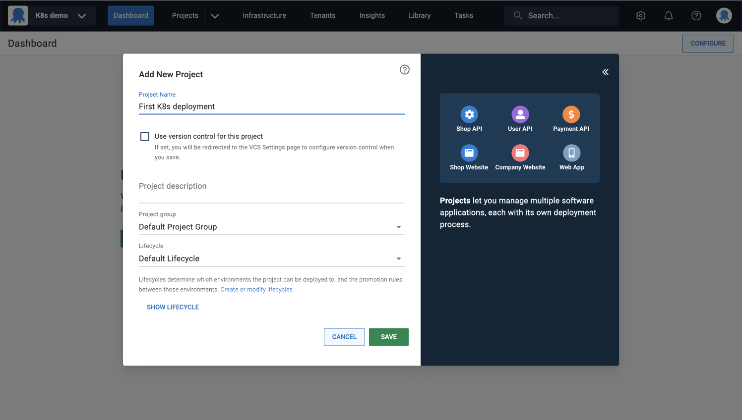 Octopus Deploy ‘Add New Project’ form with fields for project details.