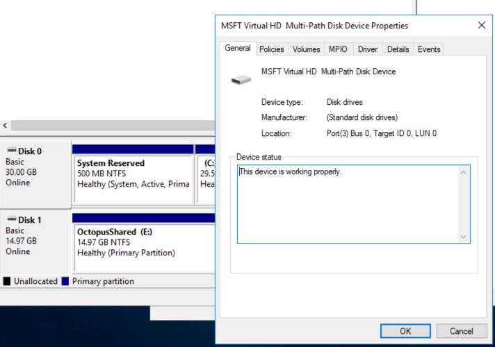 The properties of the mounted shared drive